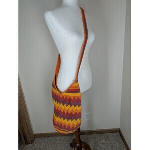 Vintage Red Yellow Orange Crochet Chevron Hobo Bucket Shoulder Bag Cross Body